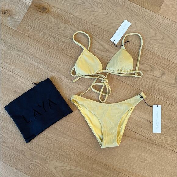 Laya - Lady Triangle Bikini Top & Oh Darling Briefs and Zip Bag in Bamboo Yellow